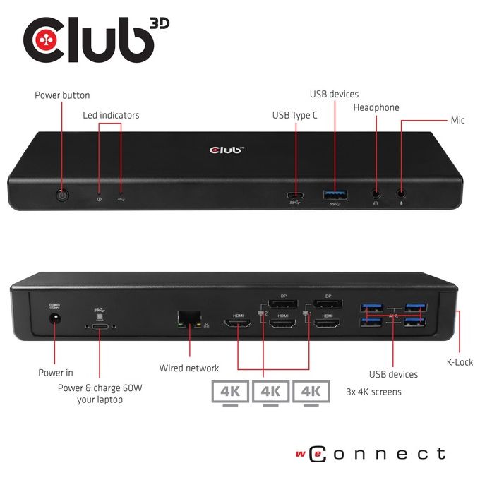 CLUB3D CSV-1562 Docking Station USB 3.2 Gen 1 Type-C con 4 Porte USB-A 3.1 Gen 1 3 Uscite HDMI 2.0 2 DisplayPort 1 Porta Ethernet LAN RJ-45 Gigabit Ricarica Power Delivery 60W colore Nero