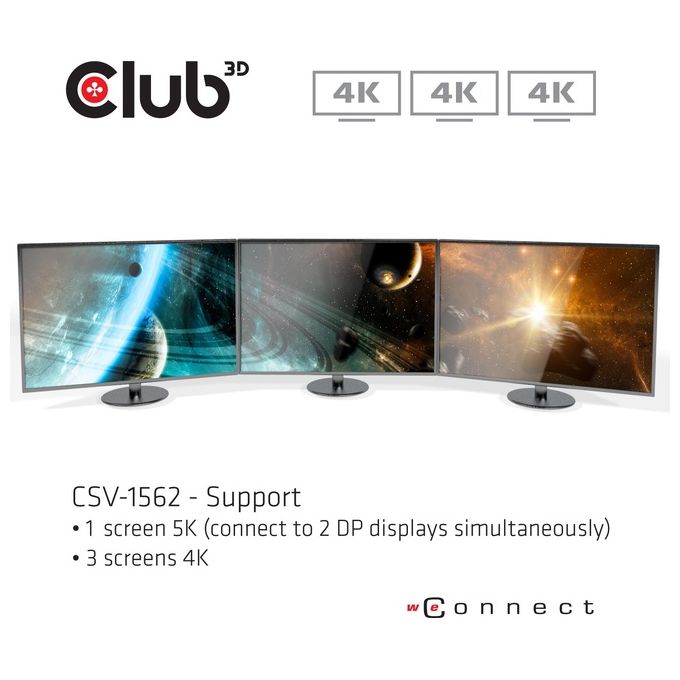 CLUB3D CSV-1562 Docking Station USB 3.2 Gen 1 Type-C con 4 Porte USB-A 3.1 Gen 1 3 Uscite HDMI 2.0 2 DisplayPort 1 Porta Ethernet LAN RJ-45 Gigabit Ricarica Power Delivery 60W colore Nero