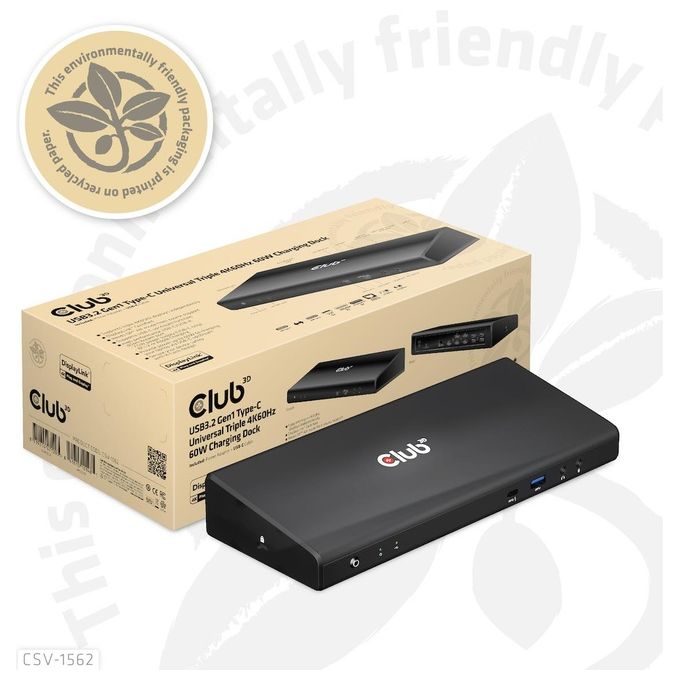 CLUB3D CSV-1562 Docking Station USB 3.2 Gen 1 Type-C con 4 Porte USB-A 3.1 Gen 1 3 Uscite HDMI 2.0 2 DisplayPort 1 Porta Ethernet LAN RJ-45 Gigabit Ricarica Power Delivery 60W colore Nero