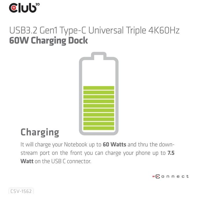 CLUB3D CSV-1562 Docking Station USB 3.2 Gen 1 Type-C con 4 Porte USB-A 3.1 Gen 1 3 Uscite HDMI 2.0 2 DisplayPort 1 Porta Ethernet LAN RJ-45 Gigabit Ricarica Power Delivery 60W colore Nero