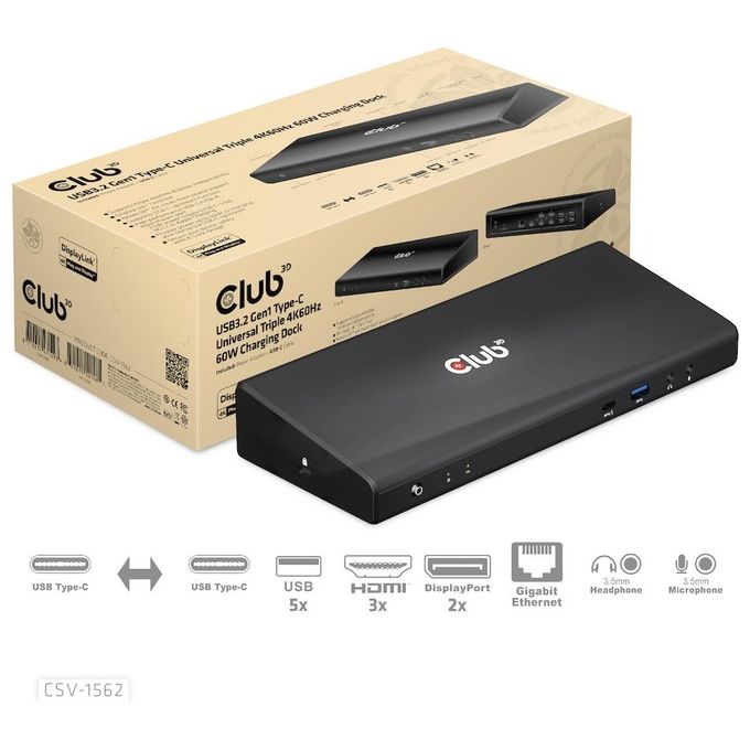 CLUB3D CSV-1562 Docking Station USB 3.2 Gen 1 Type-C con 4 Porte USB-A 3.1 Gen 1 3 Uscite HDMI 2.0 2 DisplayPort 1 Porta Ethernet LAN RJ-45 Gigabit Ricarica Power Delivery 60W colore Nero