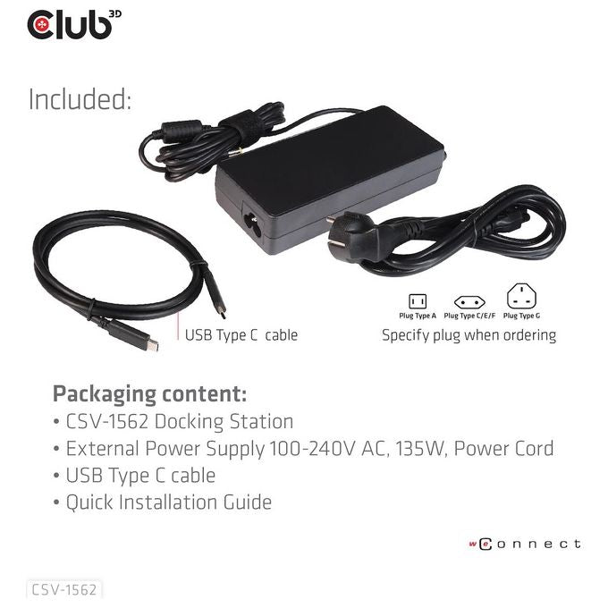 CLUB3D CSV-1562 Docking Station USB 3.2 Gen 1 Type-C con 4 Porte USB-A 3.1 Gen 1 3 Uscite HDMI 2.0 2 DisplayPort 1 Porta Ethernet LAN RJ-45 Gigabit Ricarica Power Delivery 60W colore Nero