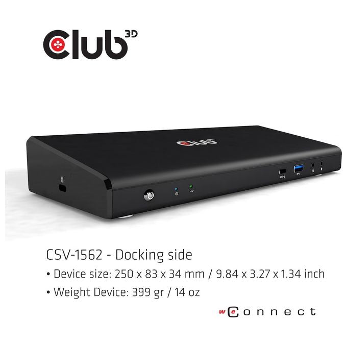 CLUB3D CSV-1562 Docking Station USB 3.2 Gen 1 Type-C con 4 Porte USB-A 3.1 Gen 1 3 Uscite HDMI 2.0 2 DisplayPort 1 Porta Ethernet LAN RJ-45 Gigabit Ricarica Power Delivery 60W colore Nero
