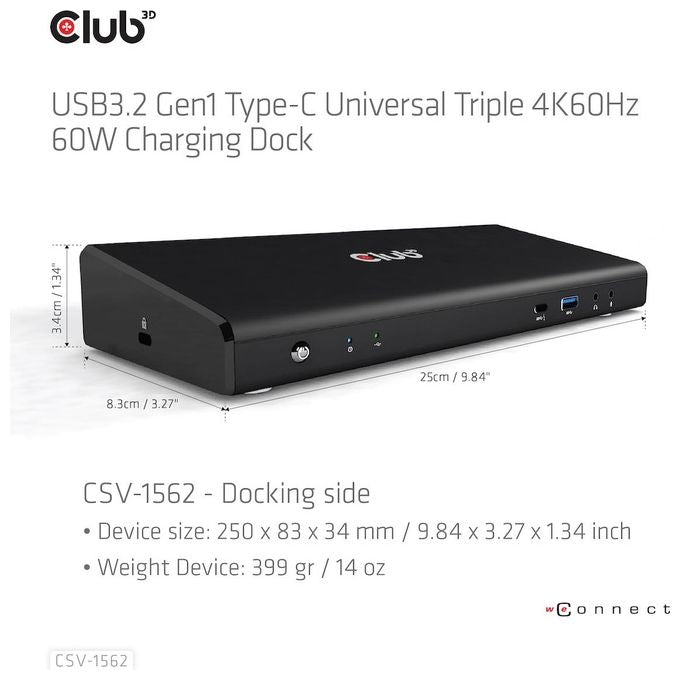 CLUB3D CSV-1562 Docking Station USB 3.2 Gen 1 Type-C con 4 Porte USB-A 3.1 Gen 1 3 Uscite HDMI 2.0 2 DisplayPort 1 Porta Ethernet LAN RJ-45 Gigabit Ricarica Power Delivery 60W colore Nero