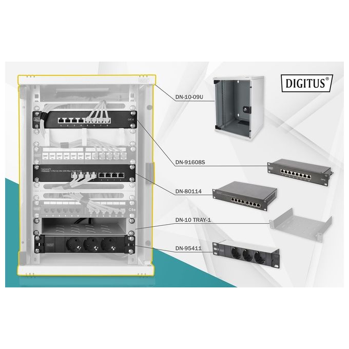 Digitus DN-10-SET-2 Set Armadio Rack da Parete 10'' 9U Switch Gigabit 8 Porte Pannello Patch CAT6 8 Porte Multipresa colore Grigio