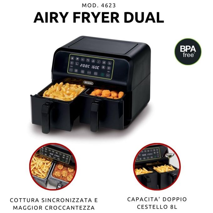 Ariete 4623 Airy Fryer Dual Friggitrice ad aria 8 L 1700 W Doppio Cestello 8 Programmi Display LED Touch colore Nero