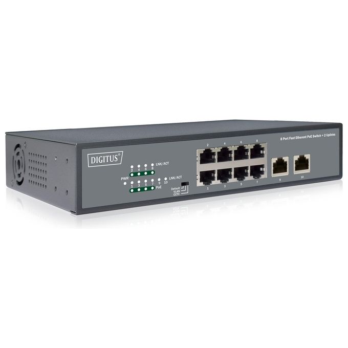 DIGITUS DN-95323-1 Switch di rete Fast Ethernet 8 porte PoE+ 120W 2 porte Uplink Rack 1U senza ventole colore Nero
