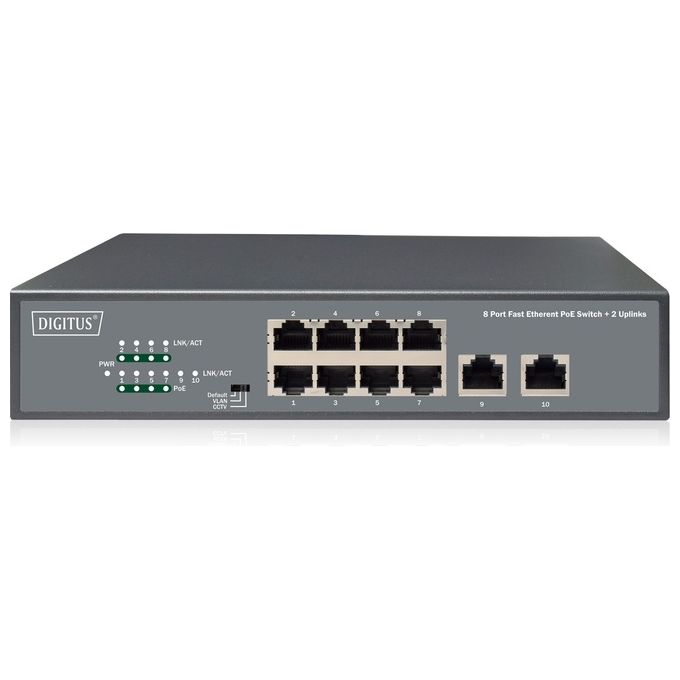 DIGITUS DN-95323-1 Switch di rete Fast Ethernet 8 porte PoE+ 120W 2 porte Uplink Rack 1U senza ventole colore Nero