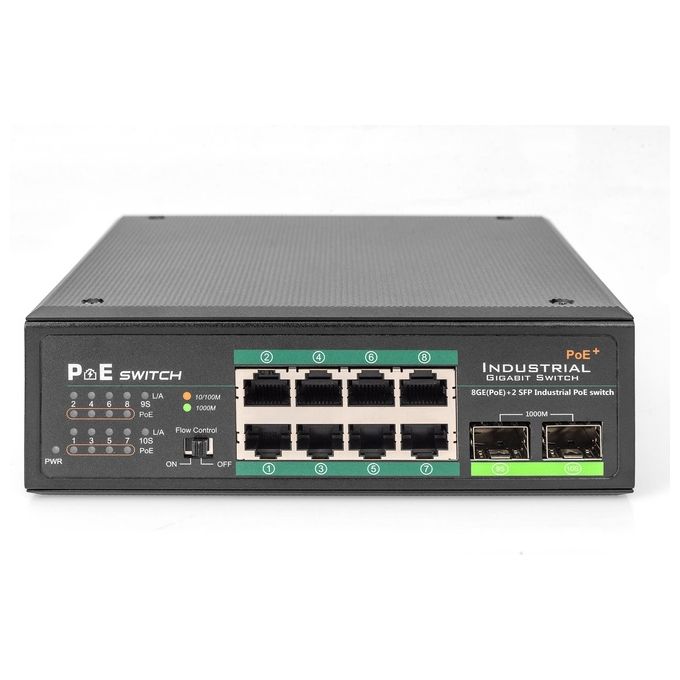 Digitus DN-651110 Switch di rete industriale a 10 porte Gigabit PoE 8x RJ45 2x SFP uplink non gestito montaggio su guida DIN 10-100-1000 Mbit-s colore Nero