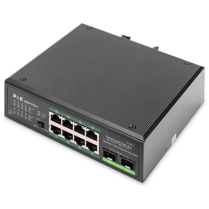 Digitus DN-651110 Switch di rete industriale a 10 porte Gigabit PoE 8x RJ45 2x SFP uplink non gestito montaggio su guida DIN 10-100-1000 Mbit-s colore Nero