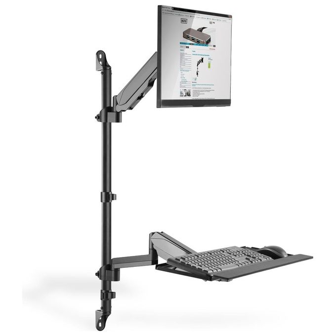 Digitus DA-90372 Postazione di lavoro flessibile per lavorare in piedi o seduti montaggio a parete schermo singolo regolazione altezza con molle a gas inclinazione -35° a +35° rotazione 360° colore Nero