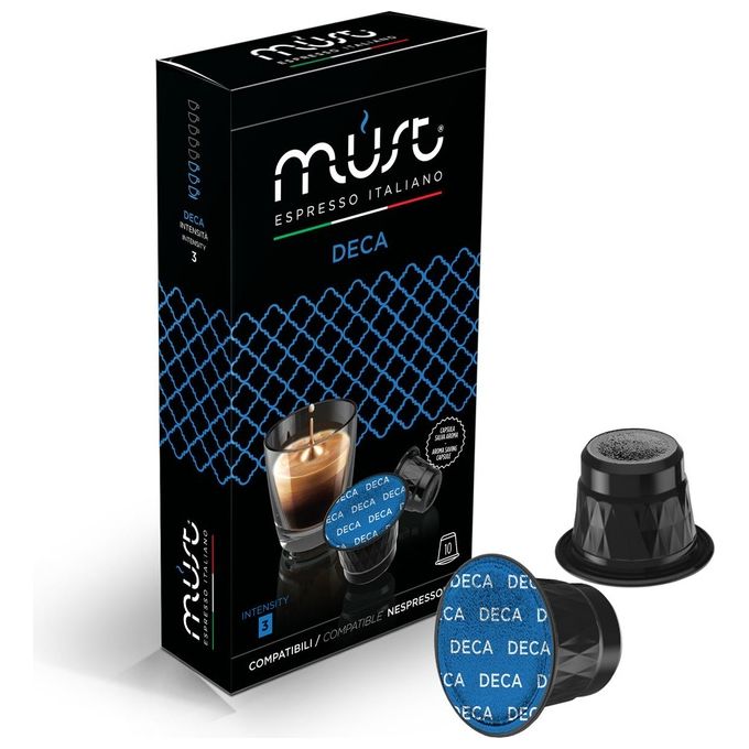 Must 10 Capsule Caffe' in Alluminio 100% Riciclabile all'Infinito Miscela Decaffeinato Intensita' 3-8