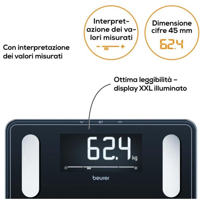 Beurer BF410 Signature Line Bilancia Pesapersone Diagnostica XXL 200 Kg 10 utenti BMI Massa Grassa colore Bianco