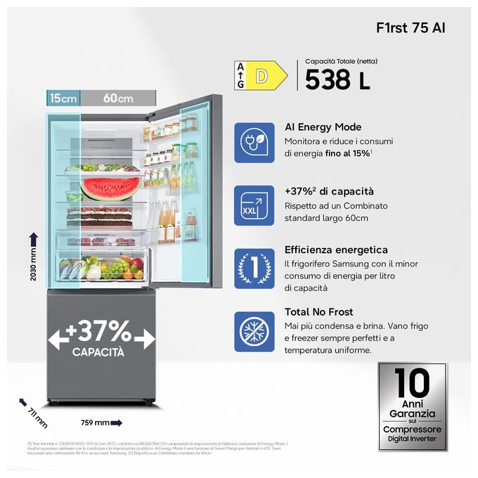 Samsung RB53DG703DS9 Frigorifero Combinato 538 L 203 cm Classe D 35 dB No Frost Wi-Fi SpaceMax colore Inox