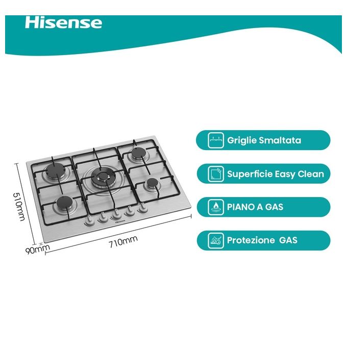 Hisense GM773XF Piano Cottura a Gas 5 Zone 70 cm Bruciatore WOK Inox