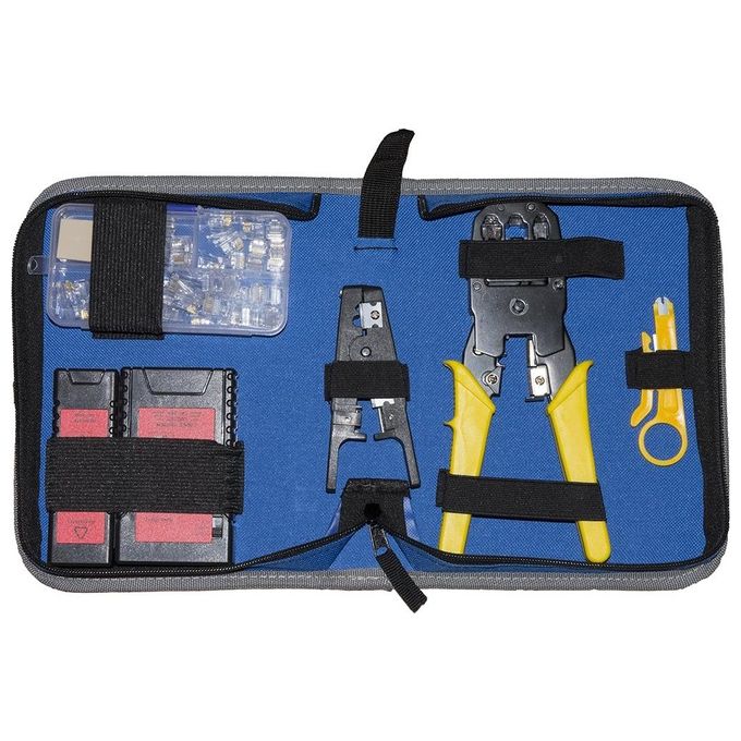 Link Set Attrezzi in Astuccio con Pinza per Connettori 4-6-8 Poli Spelafili Tester Cassettina con Plug 6 e 8 Poli Inseritore Keystone e Tester Cavi di Rete