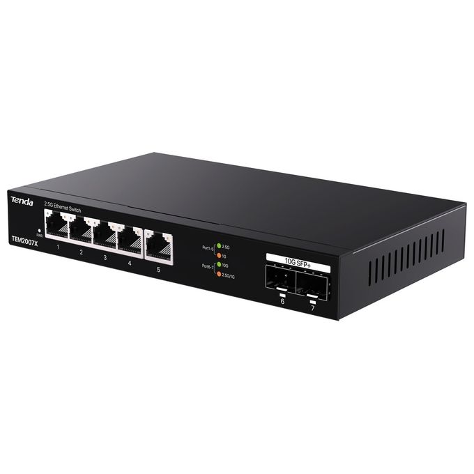 Tenda TEM2007X Switch Ethernet 2.5G 5 porte RJ45 2.5 Gbps 2 porte SFP+ 10 Gbps Plug and Play senza ventola colore Nero