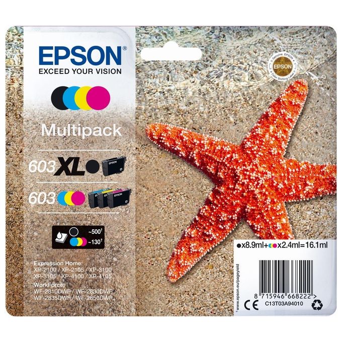 Epson C13T03A94020 603XL Multipack Cartucce Originali 4 Colori Nero XL Ciano Magenta Giallo 500 pagine