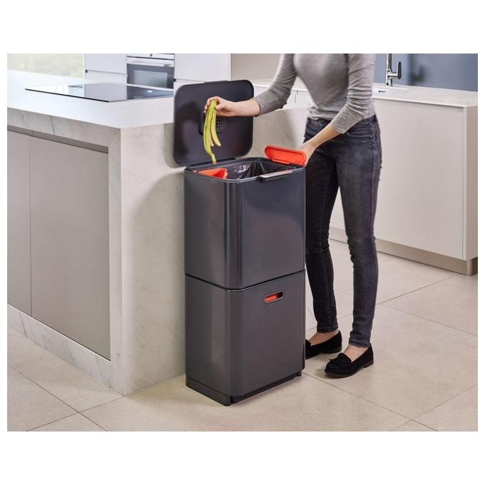 Joseph Joseph 30062 Totem Max Pattumiera per Raccolta Differenziata 60 L con 2 Scomparti da 30 L e Contenitore Organico 4 L colore Grafite Arancione