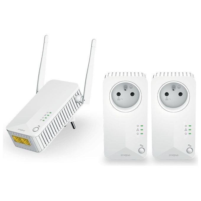 Strong PLWF600TRIEUV2 Powerline Wi-Fi 600 Kit Triplo 600 Mbps Wi-Fi 300 Mbps Presa Passante Schuko Plug and Play colore Bianco