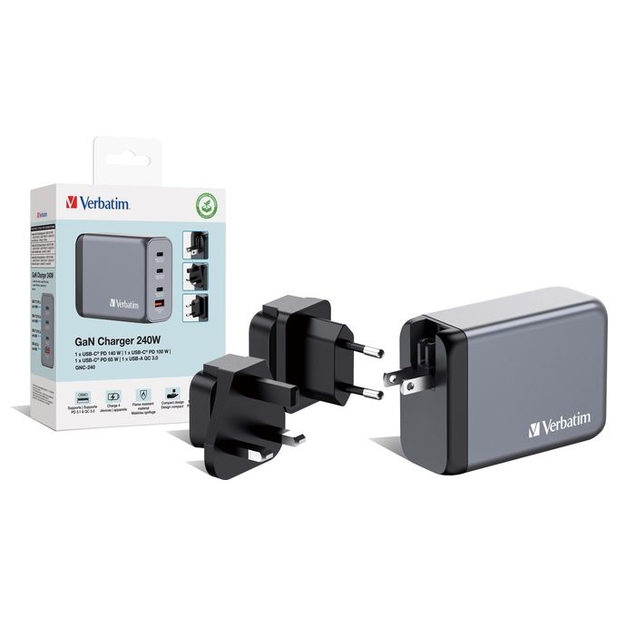 Verbatim 32205 GNC-240 Alimentatore GaN 240W con 3 USB-C PD 140W 100W 65W 1 USB-A QC 3.0 colore Nero Grigio