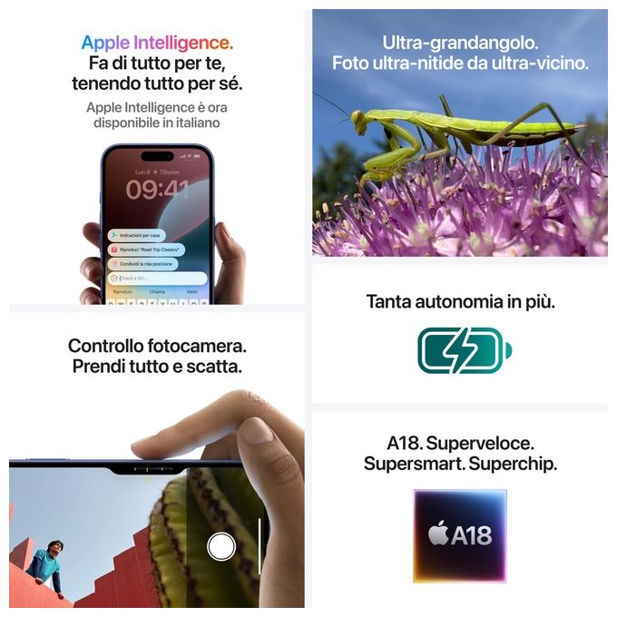 Apple MYE73QL-A iPhone 16 Smartphone 5G 6.1'' OLED 128GB Chip A18 Dual SIM Face ID iOS 18 colore Nero