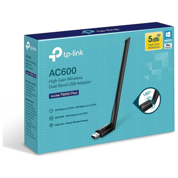 TP-Link ARCHER T600U PLUS Adattatore USB WiFi AC600 Dual Band 2.4 GHz 5 GHz 600 Mbit-s Antenna 5 dBi colore Nero