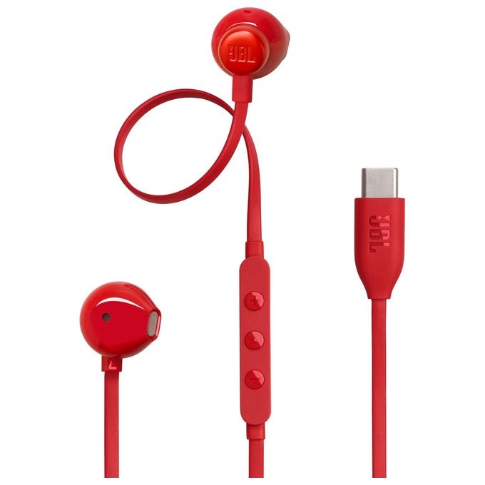 JBL Tune 305 C Auricolari USB-C ad Alta Risoluzione Audio con Cavo Piatto Antigroviglio Comando a 3 Tasti Bassi Profondi Pure Bass Rosso