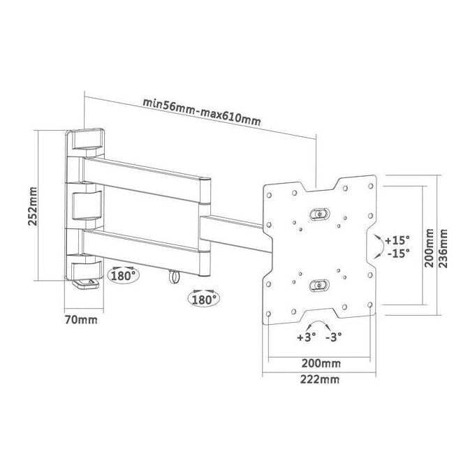 Nuova Video Suono Supporto per Lcd fino a 42'' 30Kg 3 Snodi Nero 30Kg