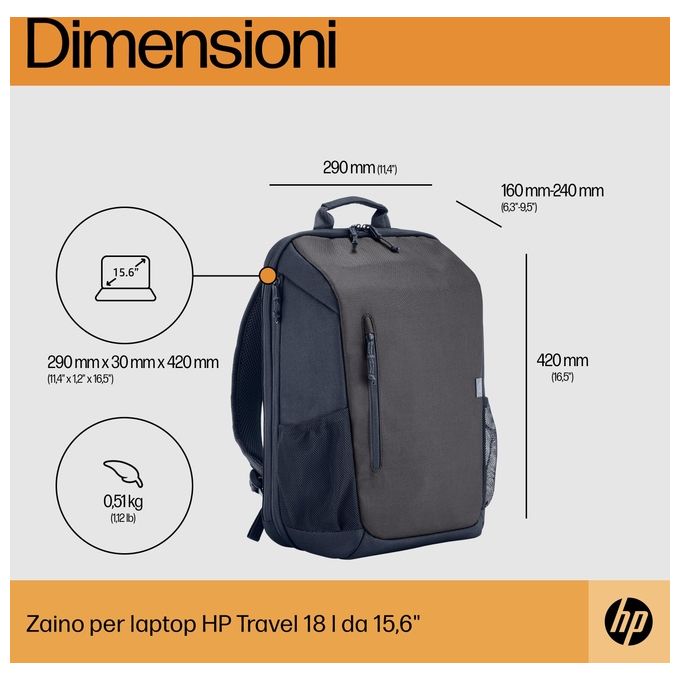 HP 6H2D9AA Travel Zaino per Laptop 15,6'' 18 L Resistente all'Acqua colore Grigio