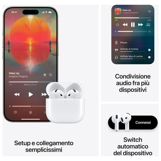 Apple MXP63ZM-A AirPods 4 Auricolari In-ear Bluetooth 5.3 Chip H2 Audio Spaziale IP54 USB-C autonomia 30h colore Bianco