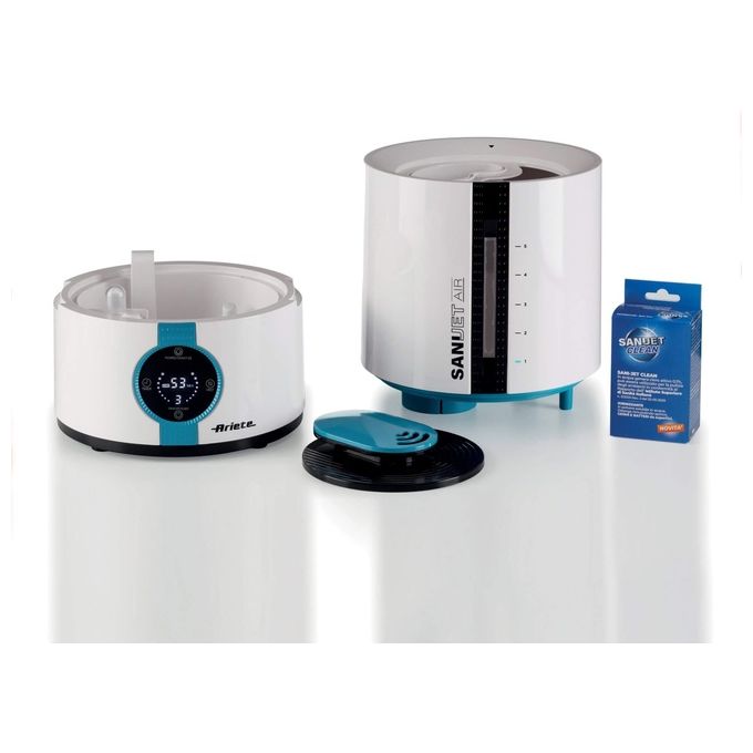 Ariete 2836 Sani-Jet Air Umidificatore a ultrasuoni capacita' 5 L per ambienti fino a 90 m² autonomia 15 ore funzione igienizzante ionizzatore display LED touch Bianco-Azzurro