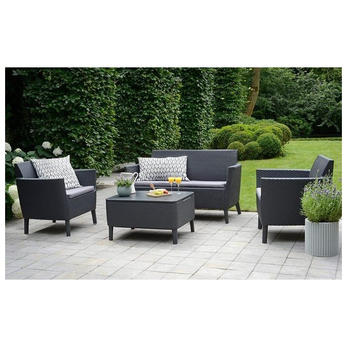 Keter 253220 Salemo Salottino da Esterno 4 Posti Divano 2 Poltrone Tavolino Polipropilene Effetto Rattan colore Grafite