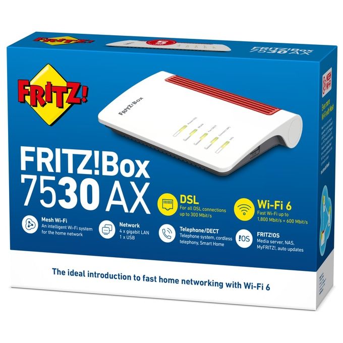 FRITZ! 20002944 FRITZ!Box 7530 AX Modem Router Wi-Fi 6 Dual Band ADSL VDSL Supervectoring Mesh DECT 4 Porte Gigabit USB colore Bianco