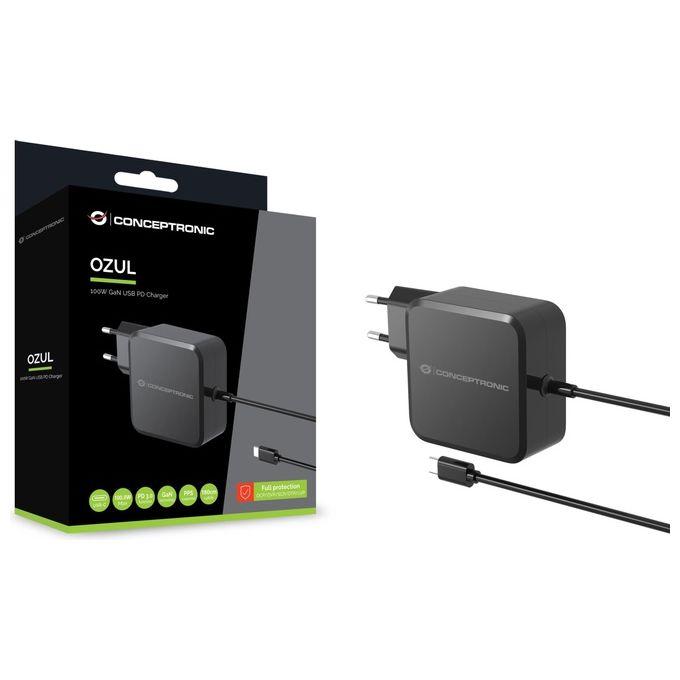 CONCEPTRONIC OZUL05BE Caricatore USB PD 100W con Cavo USB-C Integrato 180 cm colore Nero