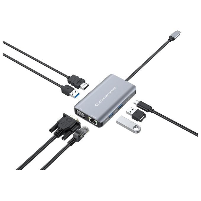 Conceptronic DONN21G Docking Station 7 in 1 USB 3.2 Gen 1 HDMI VGA GbE LAN USB A 3.0 x3 100 W USB PD colore Grigio