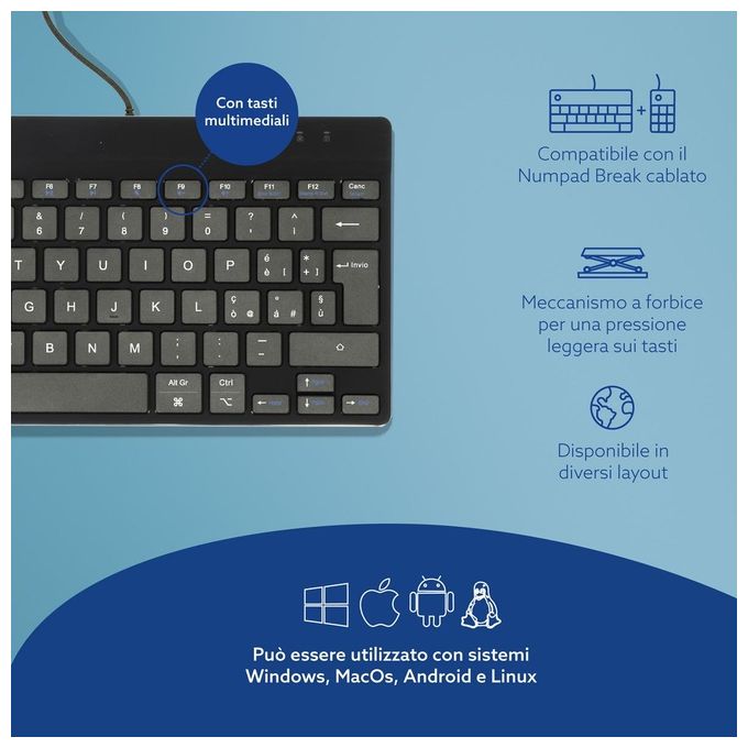 R-Go Tools RGOCOITWDBL R-Go Compact Break Tastiera Ergonomica Cablata USB-C QWERTY Italiano con Software Break LED Integrato colore Nero