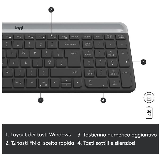 Logitech MK470 KIT_ Mouse Tastiera Wireless, Sottile Silenzioso, Layout Italiano, Grafite