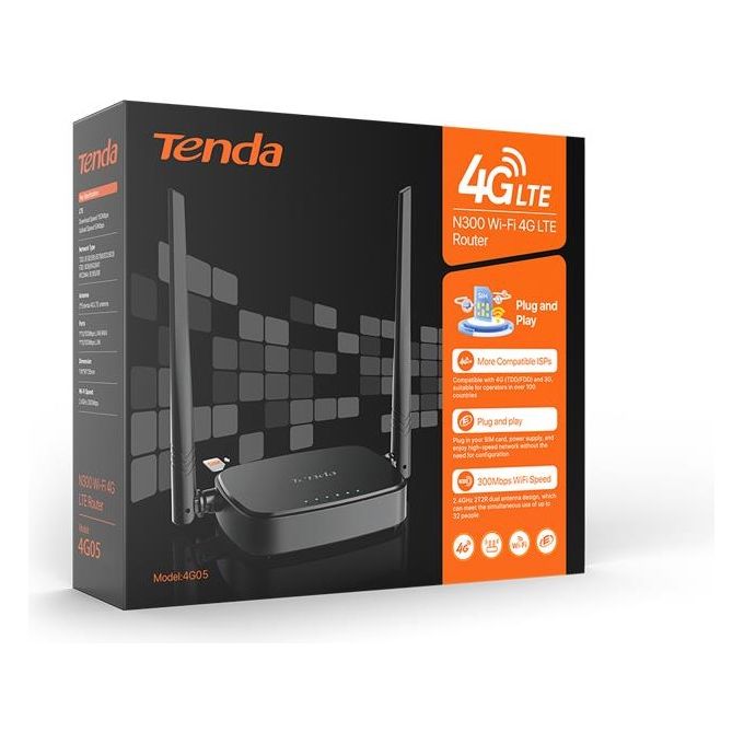 Tenda 4G05 Router Wireless 4G LTE N300 Wi-Fi 2.4 GHz 300 Mbps Nano SIM 2 porte LAN Fast Ethernet colore Nero