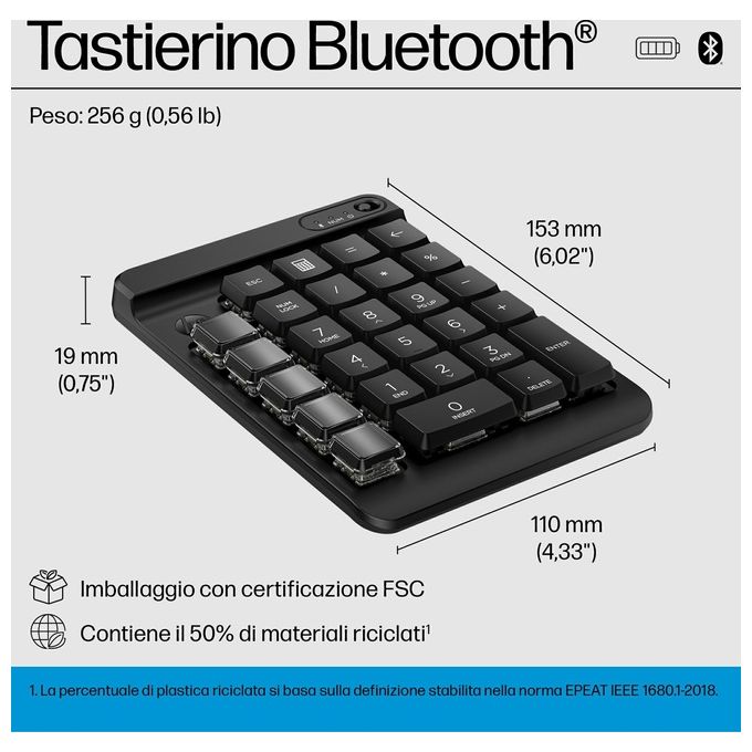 HP 7N7C3AA#ABB HP 435 Tastierino numerico wireless programmabile con connessione Bluetooth 5.3 e 9 tasti personalizzabili colore Nero