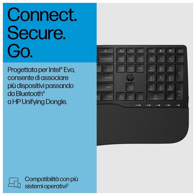 HP 8T6L9UT Tastiera HP 685 Comfort Dual-Mode Wireless Full-size con Connessione RF e Bluetooth Tasti Silenziosi Programmabili Poggiapolsi Incluso colore Nero