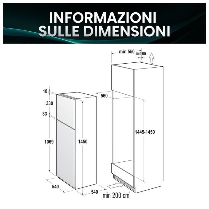 Hisense RI1P205NEWE Frigorifero Combinato da Incasso 205 L 145 cm Classe E 39 dB Porte Reversibili LED colore Bianco