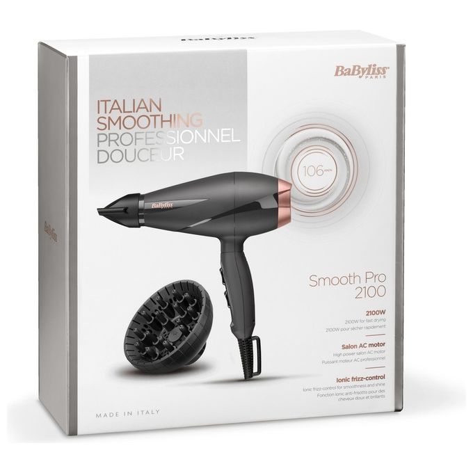 BaByliss 6709DE Smooth Pro Asciugacapelli 2100 W Ionico 2 velocita' con Concentratore e Diffusore colore Nero Oro Rosa