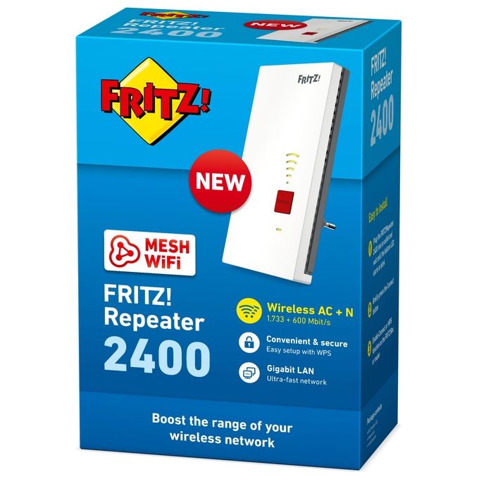 Fritz! Ripetitore 2400 International ripetitore-estensore segnale WiFi AC+N Dual Band Mesh 1x Gigabit-LAN WPS