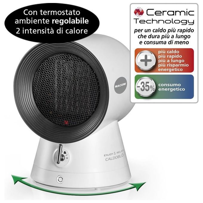 Macom Caldoblo' Termoventilatore con Tecnologia Ceramica a Basso Consumo Energetico 2 Livelli di Temperatura Termostato Ambiente Bianco 1500W