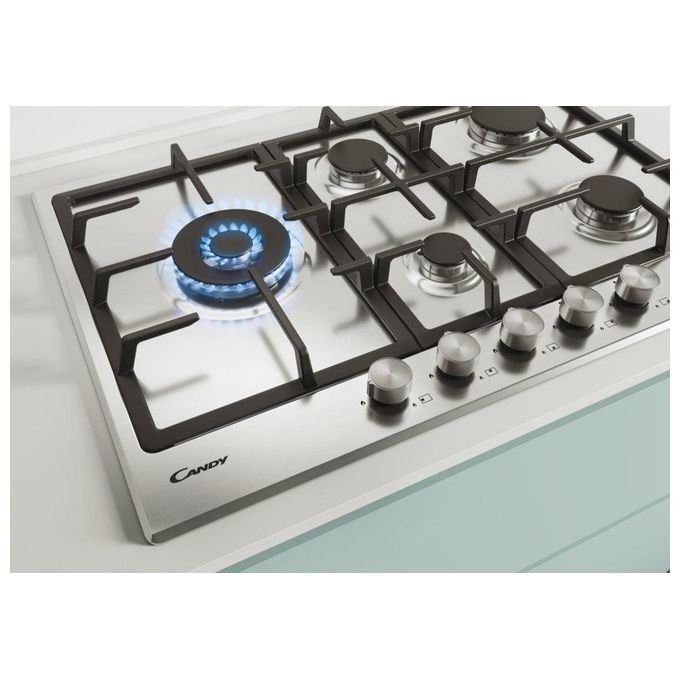 Candy CHG7WLWPX Piano Cottura a Gas 5 Zone Griglie in Ghisa 75 cm Acciaio Inox