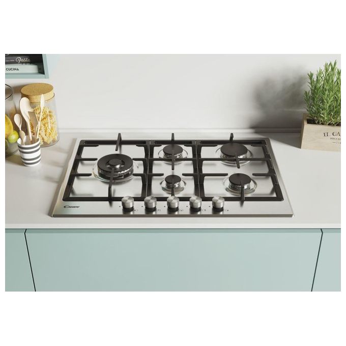 Candy CHG7WLWPX Piano Cottura a Gas 5 Zone Griglie in Ghisa 75 cm Acciaio Inox
