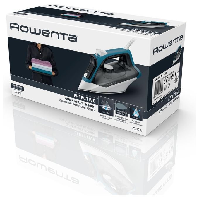 Rowenta DX1550 Effective Ferro da Stiro a Vapore Capacita' 300 ml 2200 W 30 g-min Colpo di Vapore 110g Nero-Blu
