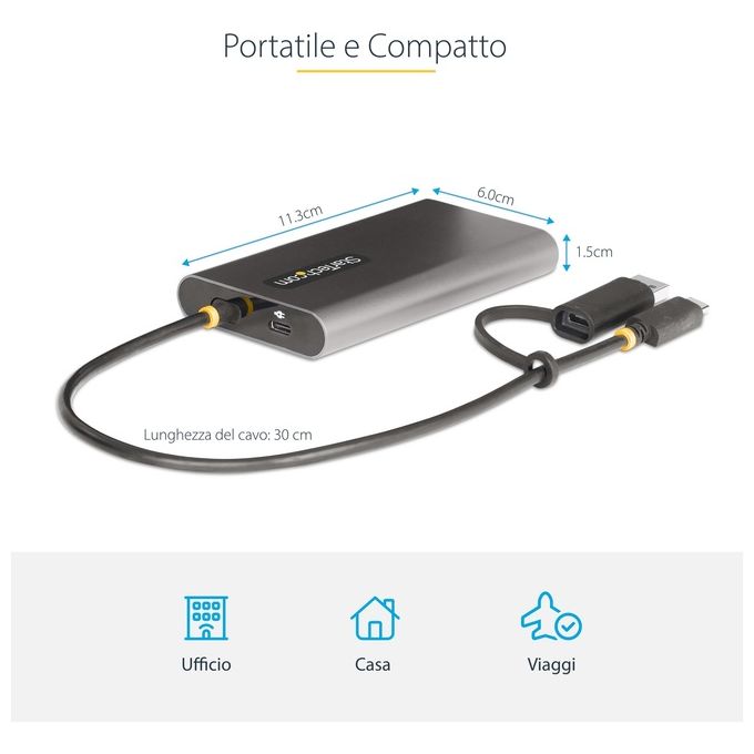 StarTech 109B-USBC-HDMI Adattatore USB-C a doppio HDMI 4K 60Hz Power Delivery 100W cavo integrato 30 cm colore Grigio