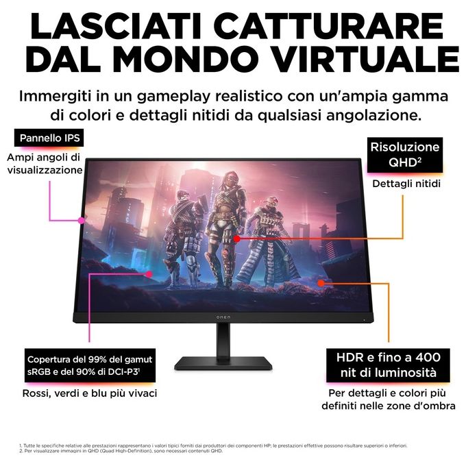 HP 780K0AA#ABB OMEN Monitor da gaming 31,5'' QHD 165 Hz IPS HDR400 AMD FreeSync Premium colore Nero